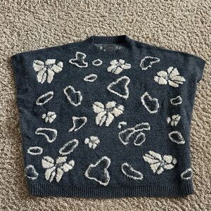 Anthropologie Black Crewneck Sweater Vest with Cream Floral Motif
